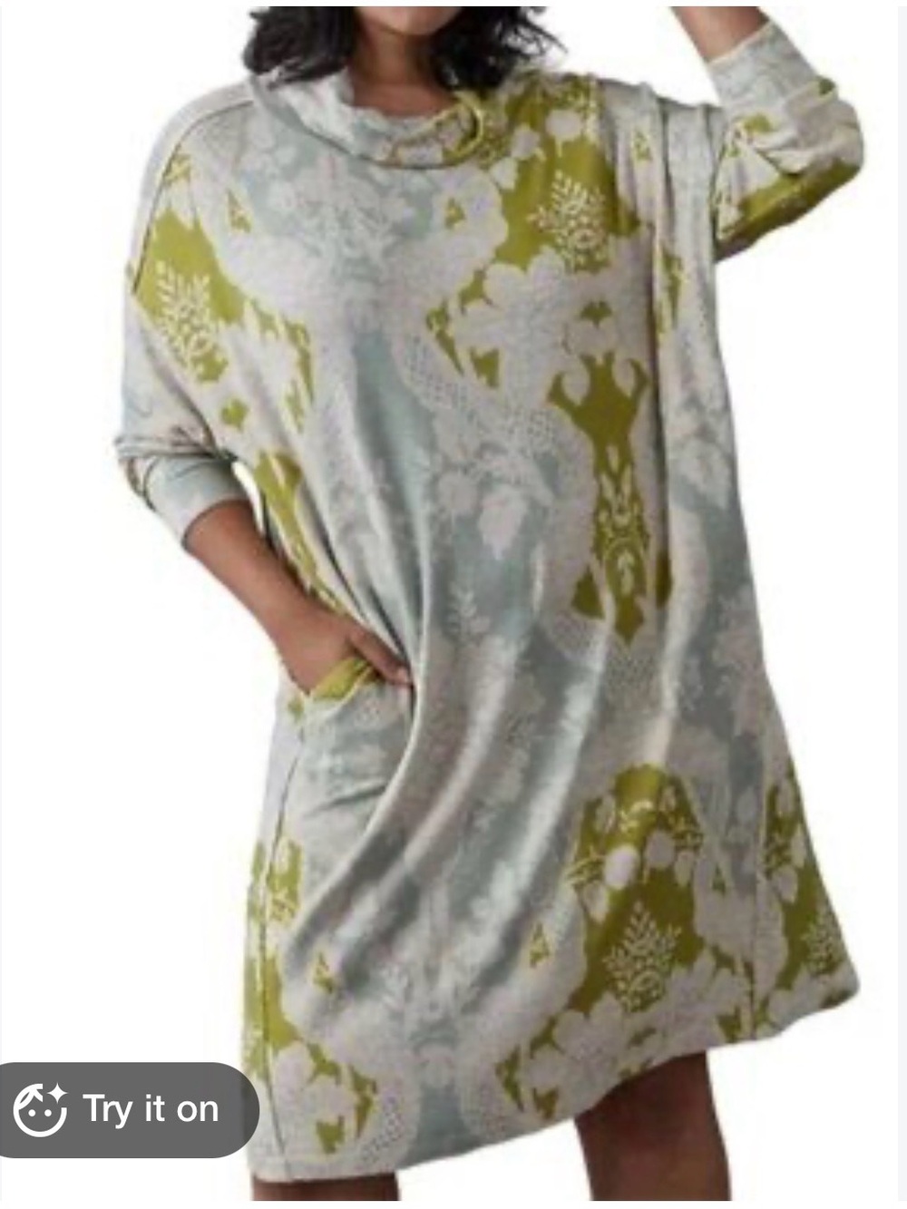 Anthropologie Saturday Sunday Light Gray & Olive Floral Cowl-Neck Sweater Dress